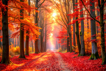 Serene Autumn Forest Path Covered with Vibrant Red Leaves Leading to Light, Generative AI