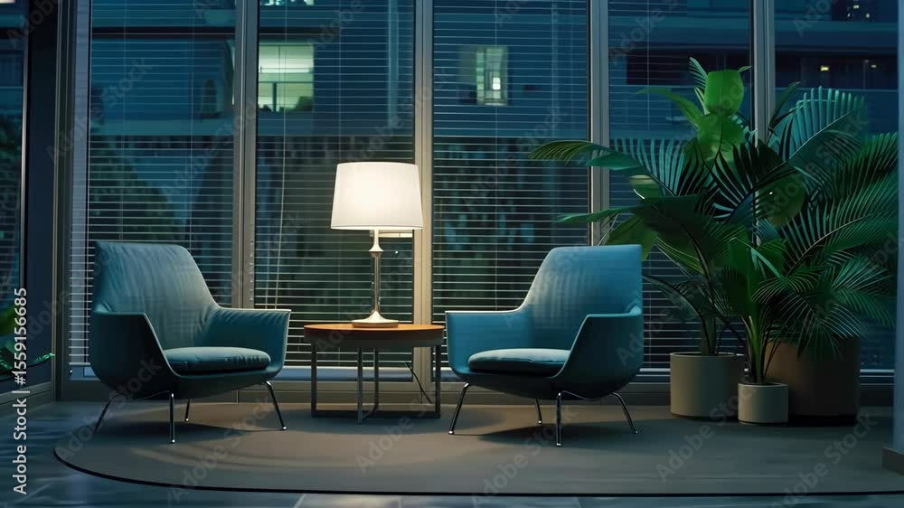 Poster modern chairs frame a warm and inviting corner illuminated by soft light, creating a serene atmosphe