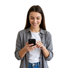 Smiling woman holding a phone, looking cheerful and engaged. 