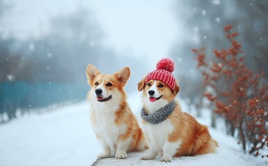 Two Pembroke Welsh Corgi Dogs in Winter Snow