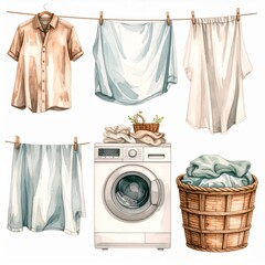 Washing Machine with Clothes Hanging on Rope in Laundry Thematic Watercolor Style