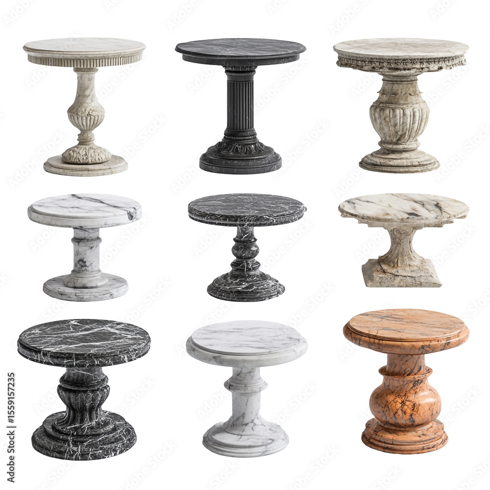 Poster nine elegant marble pedestal tables in various colors and styles a diverse collection of round side 