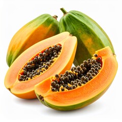 Vibrant Group of Papayas with Two Halved Isolated on White Background