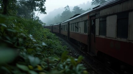 Obraz premium Train Traversing Lush Green Forest In Rain Creating Moody Atmosphere