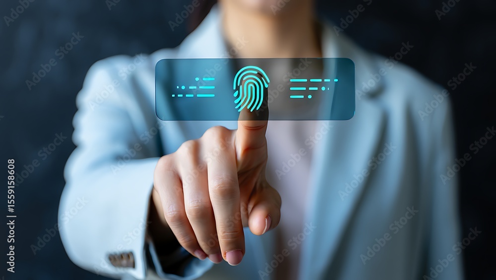 Poster a person s finger touches a futuristic holographic interface displaying a glowing blue fingerprint i