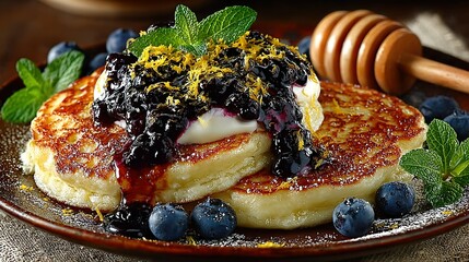   A plate topped with pancakes covered in blueberry compote syrup and fresh blueberries next to a honeycomb