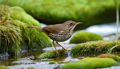 Flowing stream with moss-covered rocks in a forest