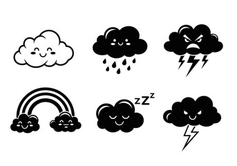 Cartoon clouds showcasing various emotions. Happy, sad, angry, sleepy, and rainy weather represented in a cute, minimalist black and white vector design.
