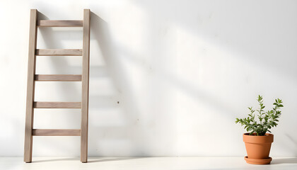 Wooden ladder leaning against a bright wall, casting soft shadows, with a potted plant on a clean surface, creating a serene and minimalistic interior design atmosphere