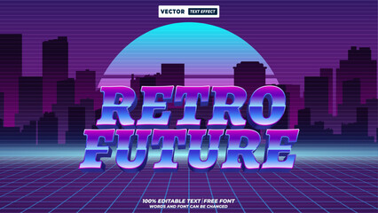 Retro future 80s and 90s vibes, trendy colorful 3d editable vector text effect. Retro futuristic synthwave typography with neon, chrome and vibrant 80s vibes. 