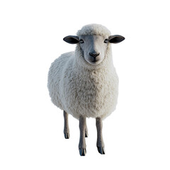 Fototapeta premium Fluffy white sheep standing against a black background looking directly at the camera