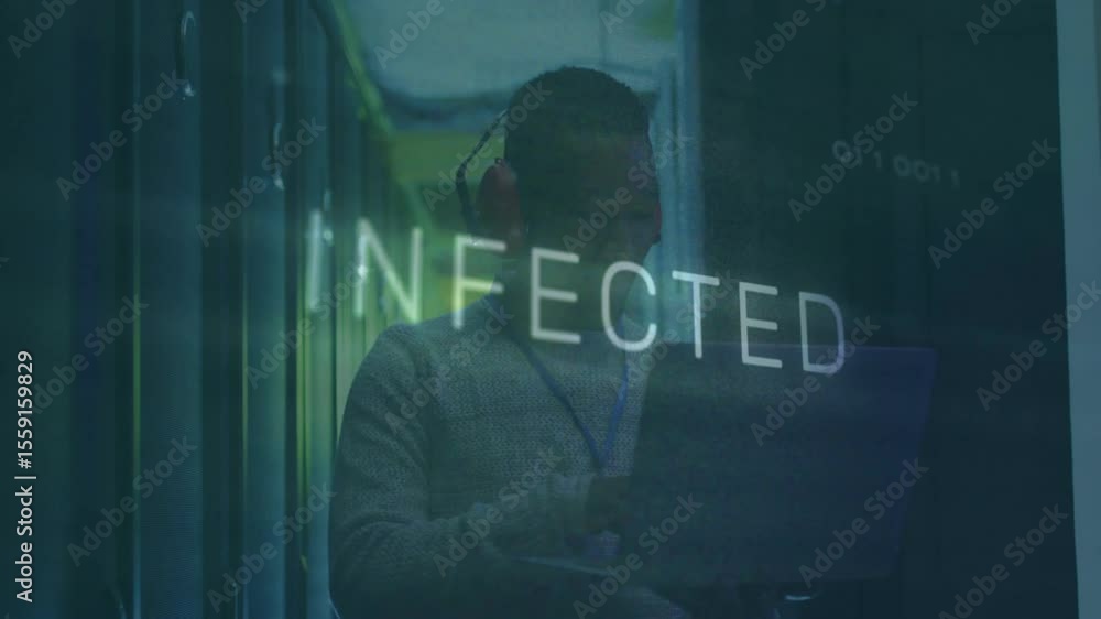 Aufkleber data center technician typing on laptop at racks causing red circuits pulsing and signaling breach