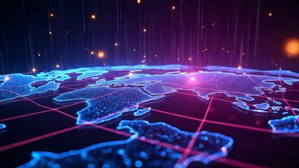 Global network connections visualized as a glowing digital world map with data streams. - Powered by Adobe