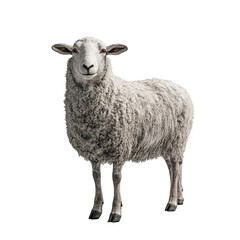 Fototapeta premium Fluffy white sheep standing against black background looking directly at camera