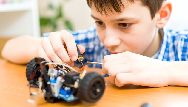 Young Engineer Boy Focused on Disassembling a Robotic Toy Car