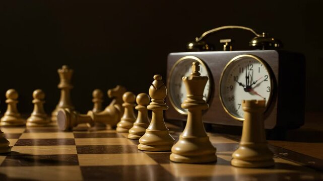 Chess pieces arranged on board with vintage clock during game  