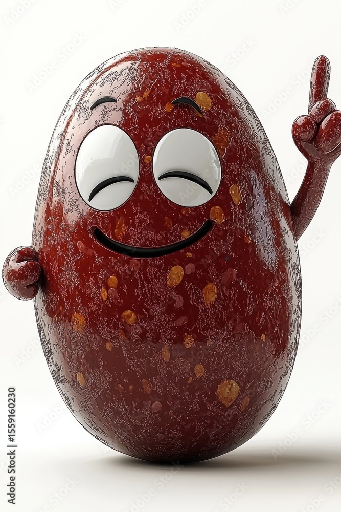 Poster smiling cartoon oval red bean character with a cheerful expression and pointing hand