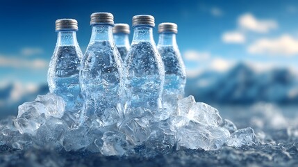 Refreshing ice cold water bottles chilling on ice with mountain background
