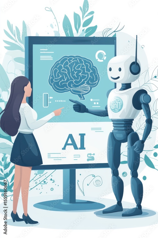 Poster woman discussing artificial intelligence with humanoid robot at a smart display