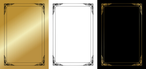 Isolated vector image of frame for postcards, linear style with decorative accents, three design variants on gold, transparent and black backgrounds