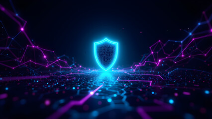 Abstract data streams & luminous nodes form a vibrant, protective energy field. Hexagonal grid, digital network, futuristic tech.