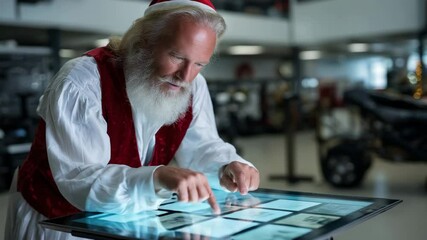 Modern Santa Claus works with an interactive table. Santa with a long beard in a red suit uses a touch screen. The concept of technological progress and the holiday spirit.