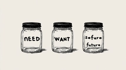 Simple Illustration of Saving Jars Labeled Need, Want, and Future Promotes Mindful Financial Planning and Budgeting for Better Money Management