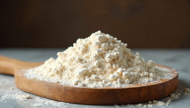 Close-up view of wheat flour on wooden spoon. Baking ingredient for bread, pasta, pizza. Food preparation, cooking, healthy eating concept. White flour, wooden background, close-up.