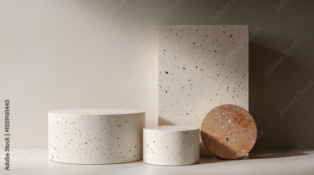 Poster decorative display of modern terrazzo shapes in neutral tones on a minimalistic surface