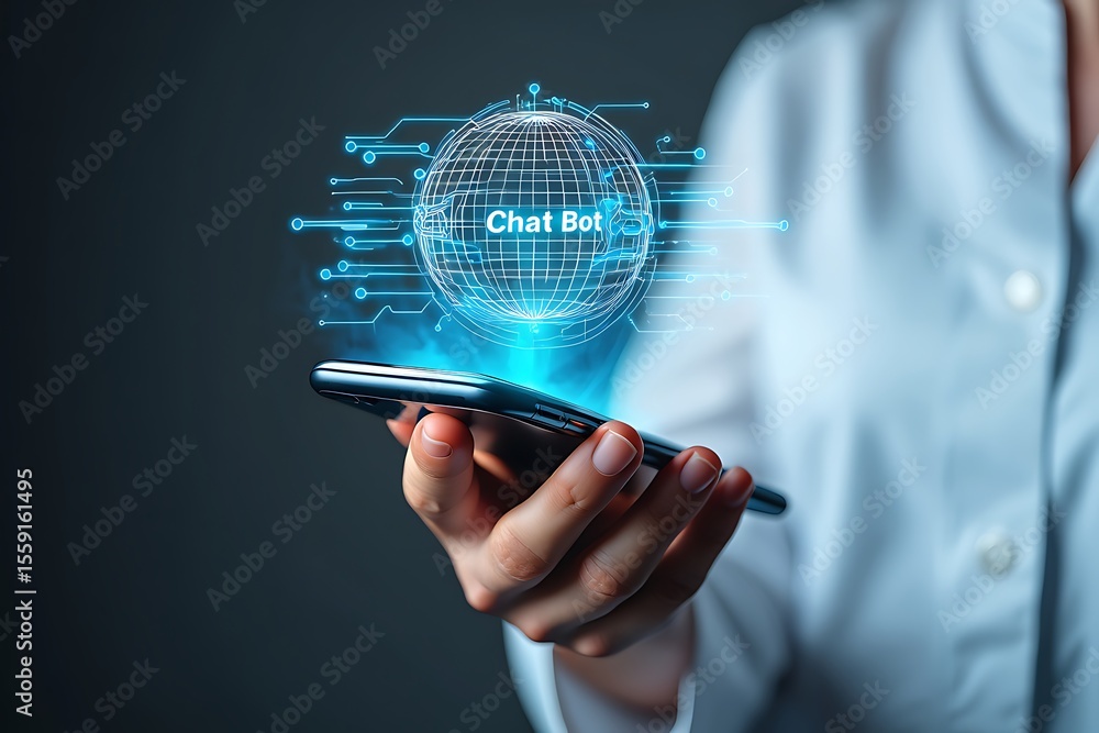 Poster person holding a smartphone with a glowing holographic digital interface displaying a globe and the 