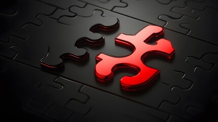Red Puzzle Piece on Black Background Solution Concept