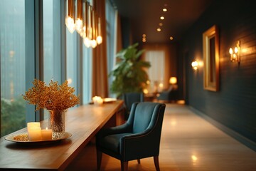 Modern Lounge with Warm Lighting and Window View