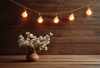 Rustic Wooden Wall Decor with Lights and Flowers