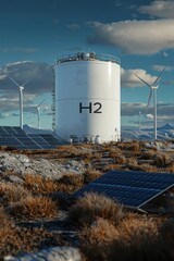 Obraz premium Futuristic Hydrogen Storage Tank with Solar Panels and Wind Turbines