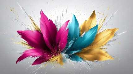 Vibrant Pink Teal Gold Feathers Explosion Abstract Art