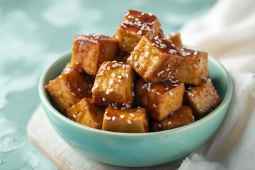 Bowl of Baked Tofu Cubes with Sesame Glaze on Pastel Green