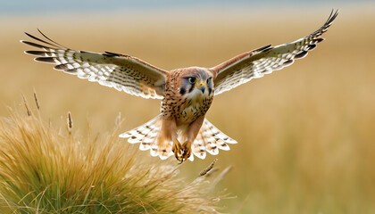 Fototapeta premium Bird in flight over dry grass field