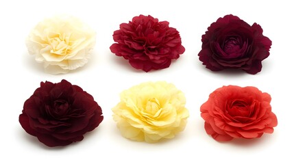 Six Colorful Ranunculus Flowers Bouquet, Cream, Red, Burgundy Blooms
