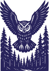 Fototapeta premium Flying owl above forest in vintage engraved style