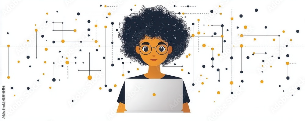 Poster illustration of woman coding with interconnected network architecture patterns in background