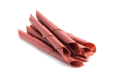 Delicious fruit leather rolls on white background