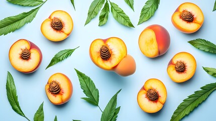 Fresh Peach Halves with Green Leaves Flatlay