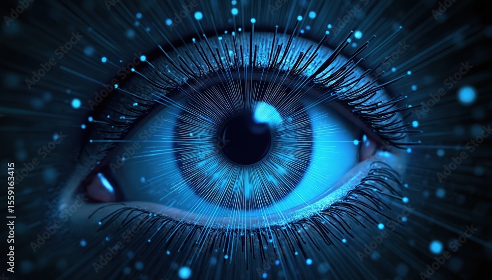 Poster futuristic blue eye design digital patterns, tech art illustration. cyberpunk style. cyber eye, ai c
