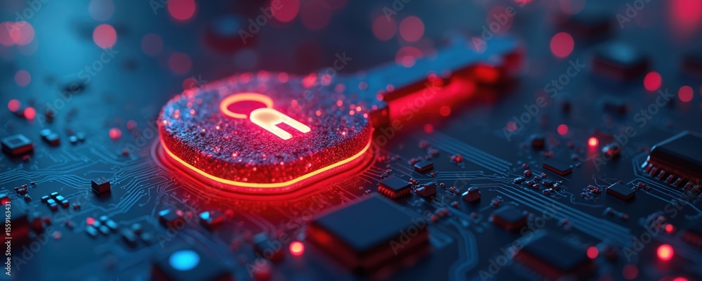 Aufkleber Glowing red key on digital background symbolizes security access and tech. Modern concept of cyber security digital privacy. Represents encryption algorithm, interface, password, unlock, lock.