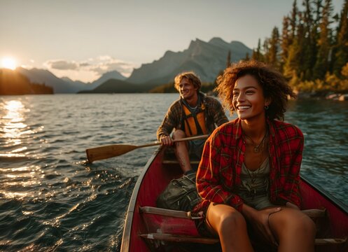 Happy tourists canoeing at sunset on a mountain lake