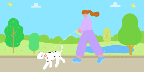 woman walking dog in park, pet care lifestyle concept, flat illustration with natural background