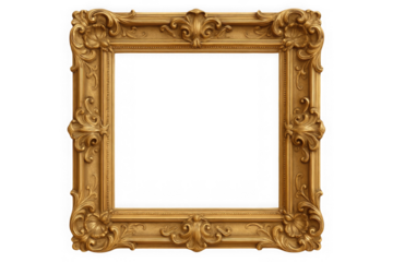 Ornate golden baroque picture frame with intricate scrollwork and floral accents isolated on transparent background