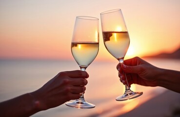 Two hands clink wine glasses against beautiful seaside sunset. People celebrate holiday, drink wine at ocean beach. Romantic cheers concept on date, travel vacation.