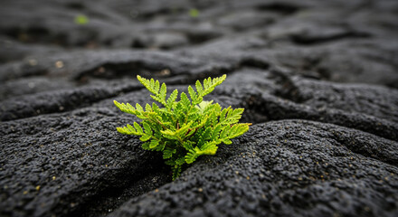 A green sprout grows from black volcanic rock with mountains in the distance