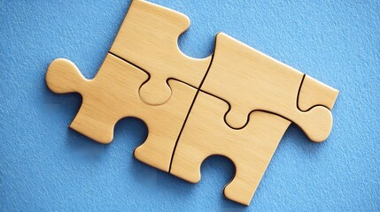 Two Wooden Puzzle Pieces Interlocked on Blue Background